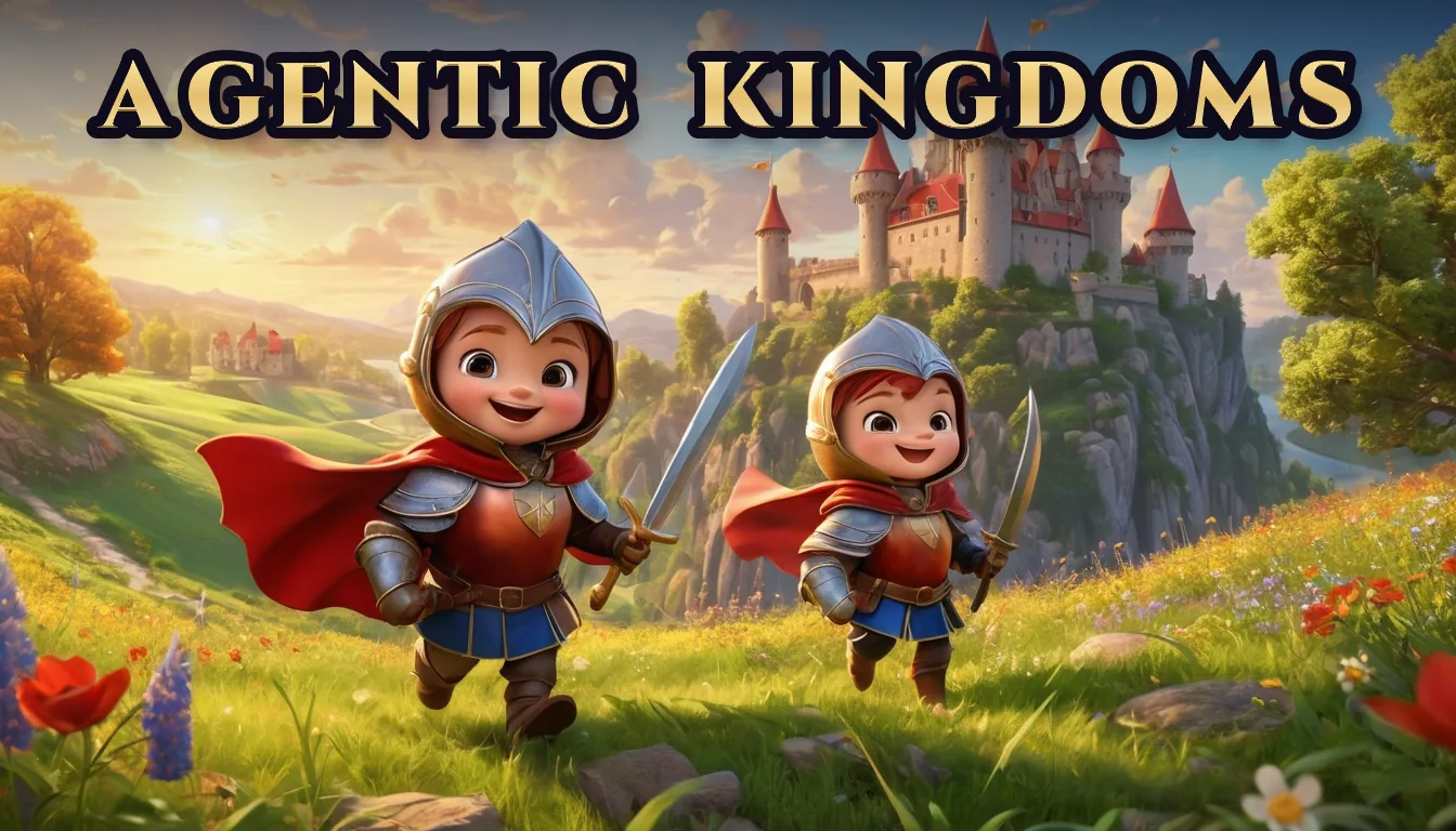 Agentic Kingdoms key art: two young knights run across a meadow toward a castle.