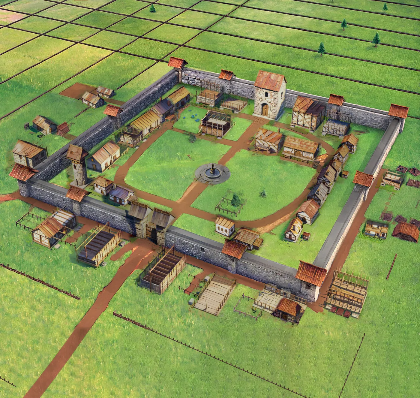 Agentic Kingdoms city view: a walled medieval town with timber buildings, a keep and a central fountain, surrounded by farm fields.